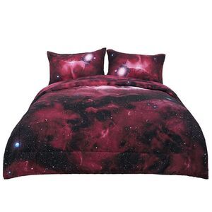 Twin All-season Quilted Comforter Set Reversible Galaxies Red